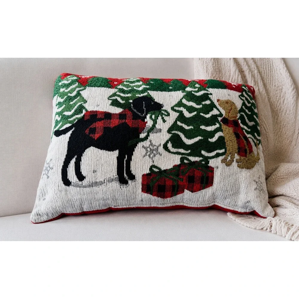 Tapestry Christmas Throw Pillow Black Lab Goldendoodle Buffalo Plaid Trees Gifts